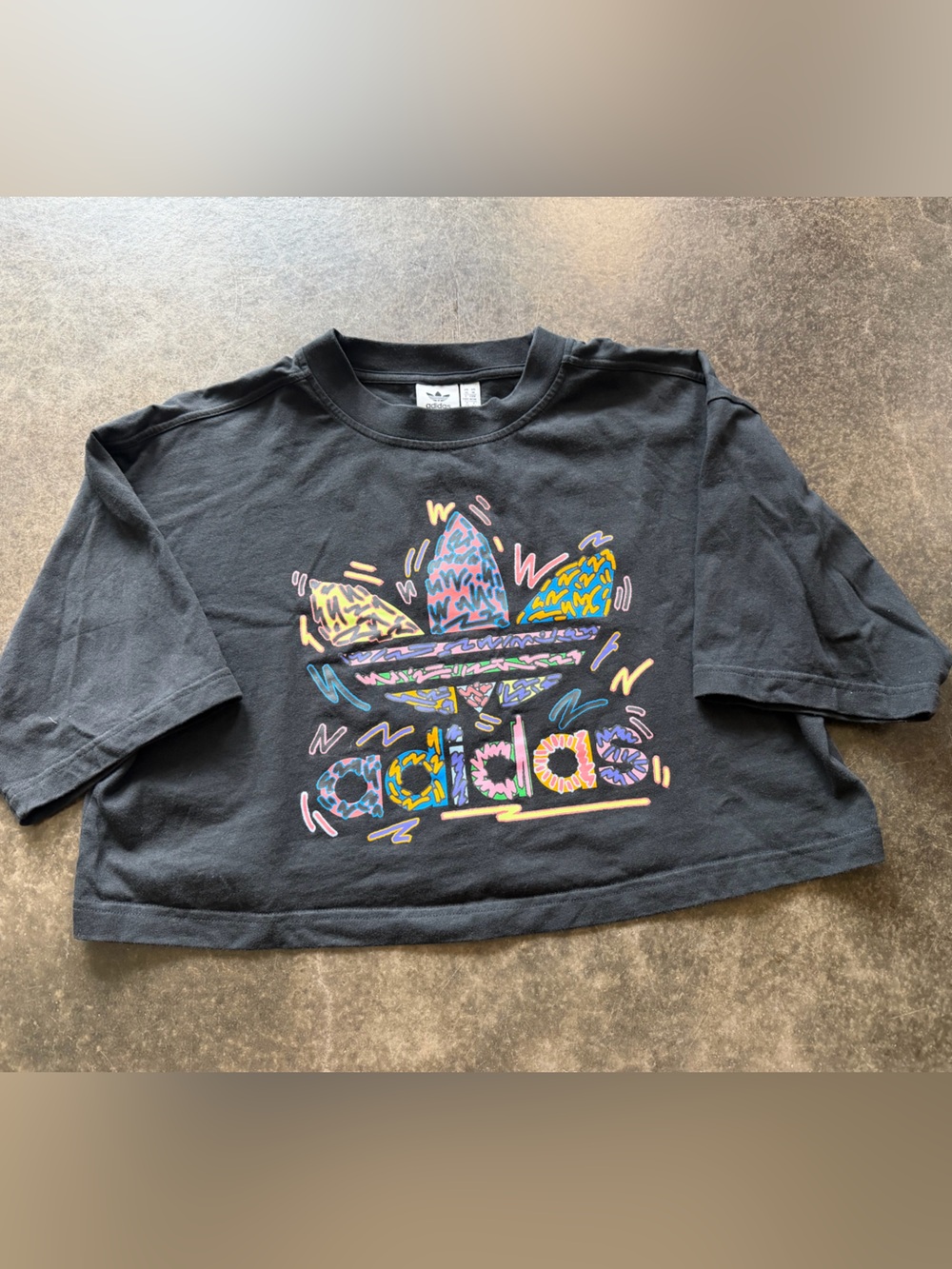 adidas Black Crop Tee with Multicolor Scribble Trefoil